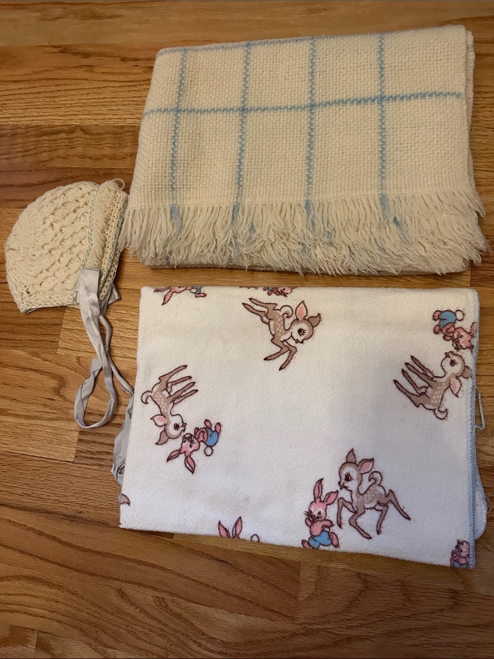2 Vintage 1950s Baby Blankets and a Bonnet Hat Knit Ribbon Deer Antique Retro